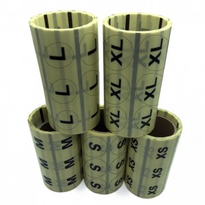 30 MM YUVARLAK ŞEFFAF ÜZERİ BASKILI BEDEN ETİKETİ ( XS,S,M,L,XL,XXL) ARASI 500 LÜ SARIM 25 RULO